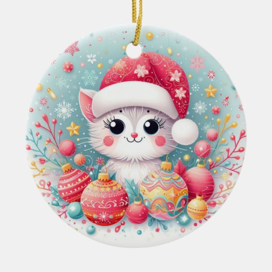 Niedliche, farbenfrohe Weihnachtskatze Keramik Ornament (Vorne)