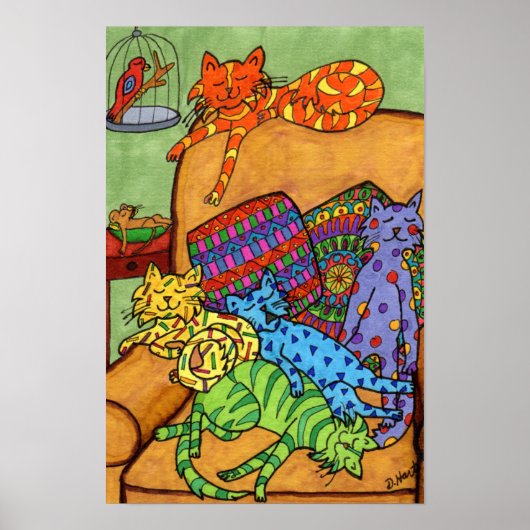 Niedliche Farbenfrohe Zeichnend Cats Chair Napping Poster (Vorne)