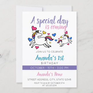 Niedliche Farbenspiel Einhorn 1. Geburtstag Einladung