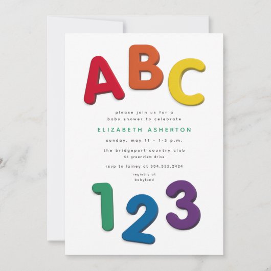 Niedliche farbige ABC 123-neutrale Babydusche Einladung (Vorderseite)