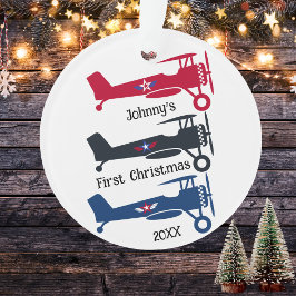 Niedliche farbige Biplane Flugzeug Junge Erste Wei Ornament