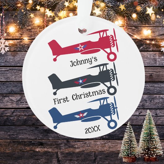 Niedliche farbige Biplane Flugzeug Junge Erste Wei Ornament