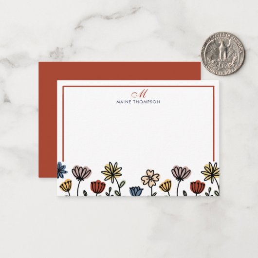 Niedliche Farbige Blume Script Monogram Note Card Mitteilungskarte (Vorderseite/Rückseite Beispiel)