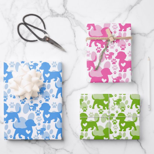 Niedliche farbige Dackeln Wrapping Paper Set 3 Geschenkpapier Set (Vorderseite)