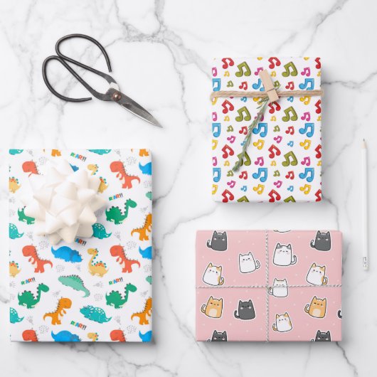 Niedliche Farbige Dinosaurier Illustriertes Muster Geschenkpapier Set (Vorderseite)