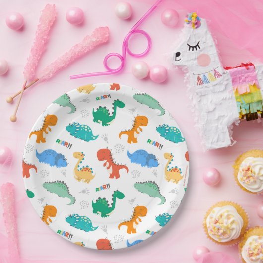 Niedliche Farbige Dinosaurier Illustriertes Muster Pappteller (Party)