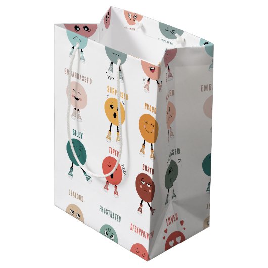 Niedliche farbige Gefühle Emotionen Factsheet Mittlere Geschenktüte (Rückseite Schrägansicht)