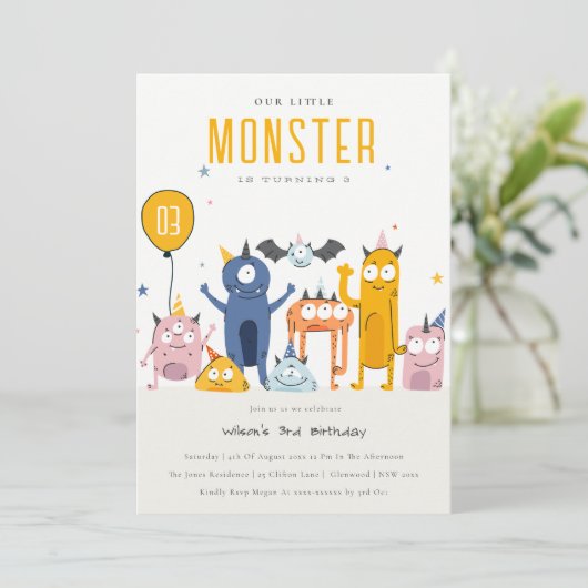 Niedliche Farbige Gelbe Party Monster Kindergeburt Einladung (Stehend Vorderseite)