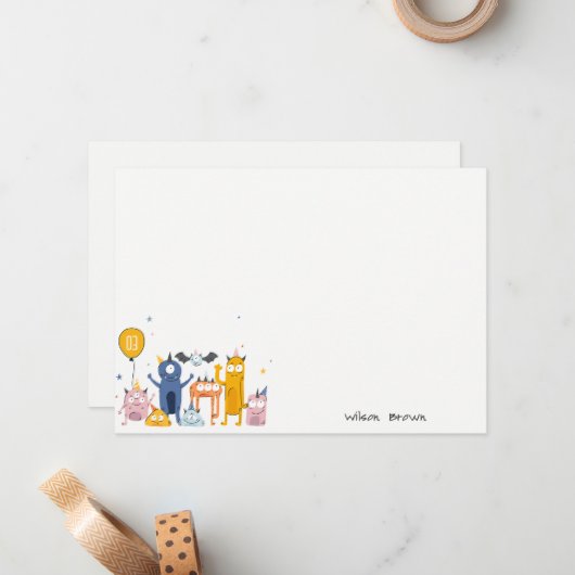 Niedliche Farbige Gelbe Party Monster Kindergeburt Mitteilungskarte (Vorderseite/Rückseite Beispiel)