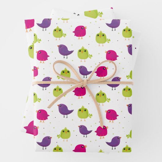 Niedliche, farbige Vögel Geschenkpapier Set (Beispiel)