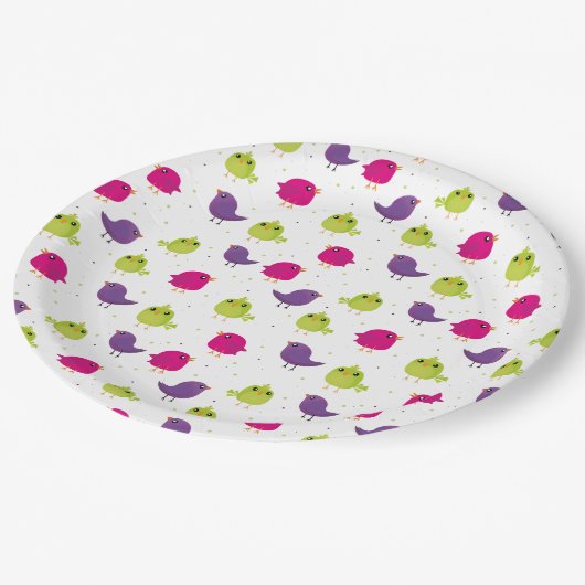 Niedliche, farbige Vögel Pappteller (Schrägansicht)