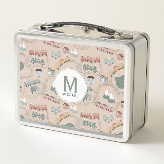 Niedliche farbige Züge auf Zugschienen Kids Monogr Metall Brotdose (Rückseite)