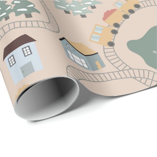 Niedliche farbige Züge auf Zugtrassen Kindermuster Geschenkpapier (Rolleneckpunkt)