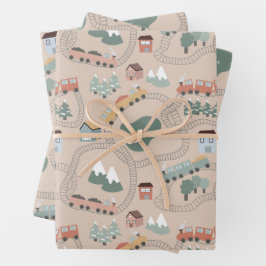 Niedliche farbige Züge auf Zugtrassen Kindermuster Geschenkpapier Set