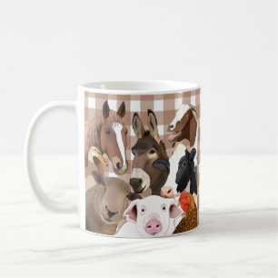 Niedliche Farm Animal Portrait Gingham Karo - Brow Kaffeetasse
