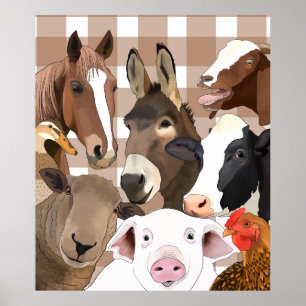 Niedliche Farm Animal Portrait Gingham Karo - Brow Poster