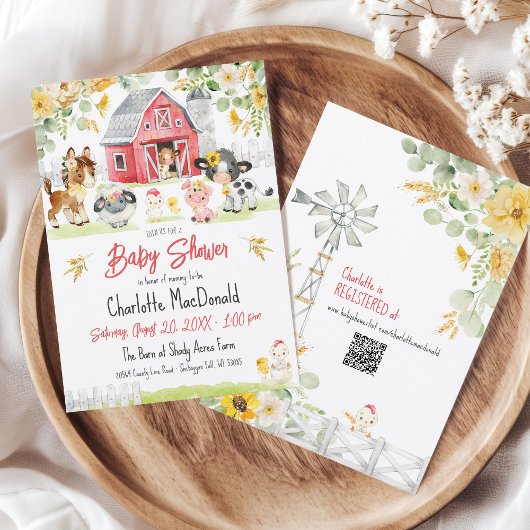 Niedliche Farm Barnyard Tiere Red Barn Baby Dusche Einladung
