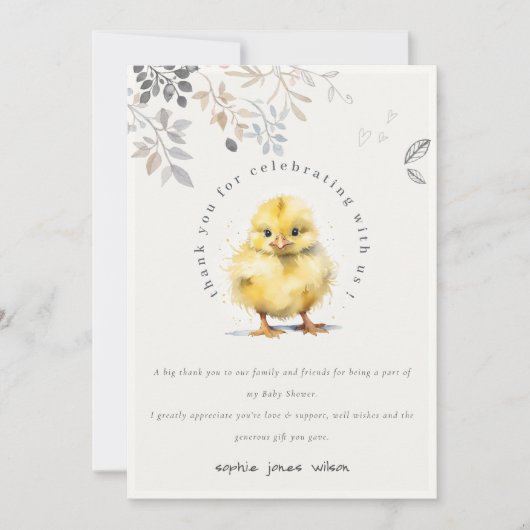 Niedliche Farm Chick Watercolor Blumenbaby-Dusche Dankeskarte (Vorderseite)