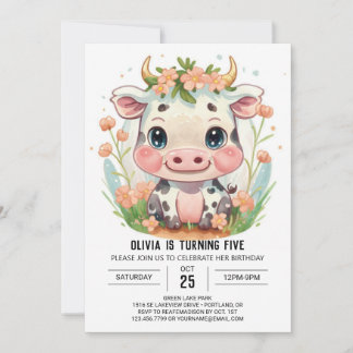 Niedliche Farm Girly Cow Geburtstag Einladung
