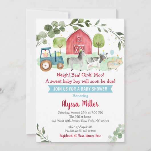 Niedliche Farm Greenery Babydusche Einladung (Vorderseite)