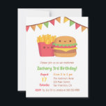 Niedliche Fast Food Friends und Burger Birthday Pa Einladung<br><div class="desc">Eine Kindergeburtstag-Party Einladung mit einer niedlichen Abbildung eines roten Päckchens französischer Pommes frites und einem Burger mit farbenfrohen bunten Fahnen. Personalisieren Sie einfach Ihre Party-Details in den farbigen Vorlagen zur Verfügung gestellt!</div>