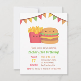 Niedliche Fast Food Friends und Burger Birthday Pa Einladung