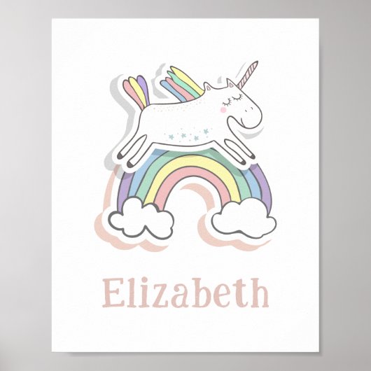 Niedliche Fee Einhorn auf Regenbogen. Baby Girl Ki Poster (Vorne)