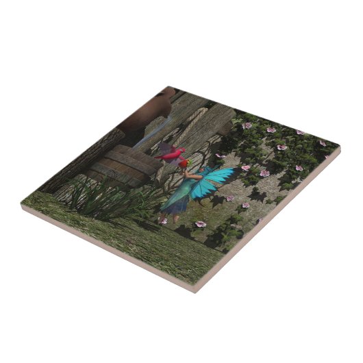 Niedliche Fee Füttre einen Vogel Fliese (Seite)