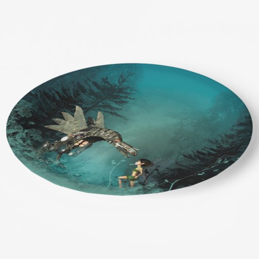 Niedliche Fee mit Dampfdrachen in einem Pappteller (Schrägansicht)