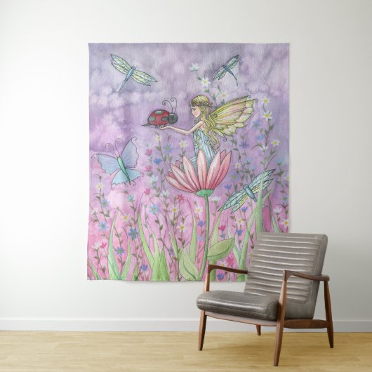 Niedliche Fee mit Ladybug Wasserfarben Kunst Wandteppich (Beispiel)