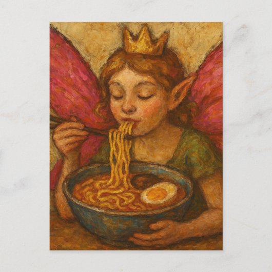 Niedliche Fee mit rosa Wings Eating Ramen Postkarte (Vorderseite)