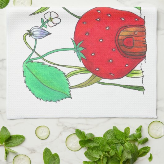 niedliche Feldmaus und großes rotes Erdbeerhaus Geschirrtuch (Gefaltet)