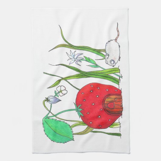 niedliche Feldmaus und großes rotes Erdbeerhaus Geschirrtuch (Vertikal)