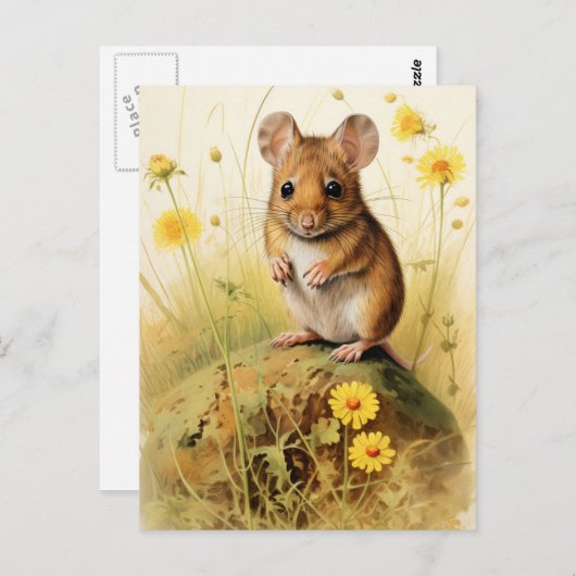 Niedliche Feldmäuse mit gelben Blumen Postkarte (Vorne/Hinten)