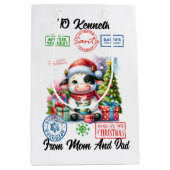 Niedliche Ferienkuh mit Geschenken und festlicher Mittlere Geschenktüte (Vorderseite)