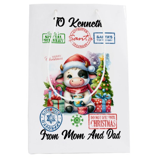 Niedliche Ferienkuh mit Geschenken und festlicher Mittlere Geschenktüte (Vorderseite)