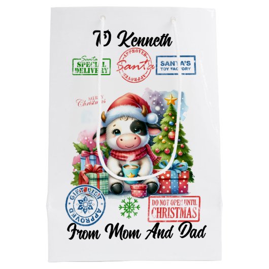 Niedliche Ferienkuh mit Geschenken und festlicher Mittlere Geschenktüte (Rückseite)