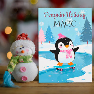 Niedliche Feste Penguin Skaten Holiday Grußkarte Feiertagskarte