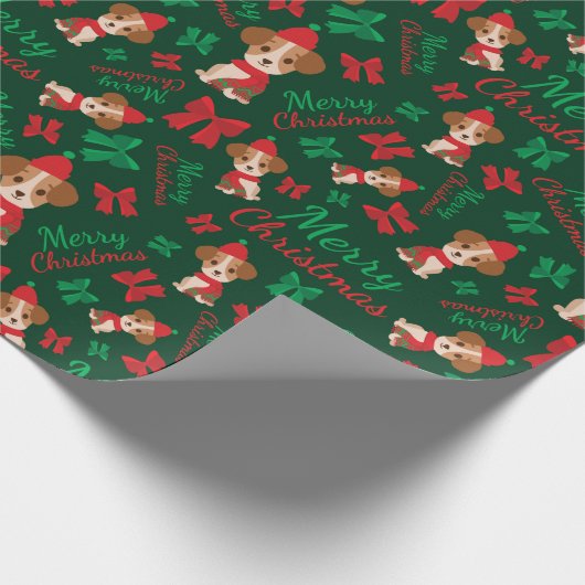 Niedliche festliche Welpen Rot und Grün Frohe Weih Geschenkpapier (Ecke)