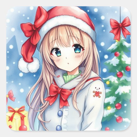Niedliche Festtage Anime Girl Weihnachten Quadratischer Aufkleber (Vorderseite)