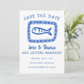 Niedliche Fische Hand gezeichnet Süß Blau Weiß Cus Save The Date (Stehend Vorderseite)