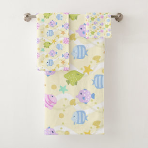 Niedliche Fische Pastellgelb Badhandtuch Set