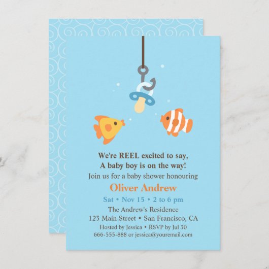 Niedliche Fischköder Angeln Kinderdusche Einladung (Vorne/Hinten)