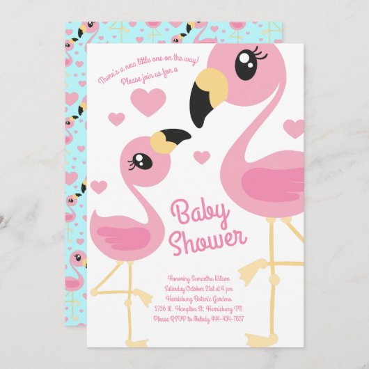 Niedliche Flamingo Kinderdusche Tropical Beach Spr Einladung (Vorne/Hinten)