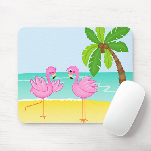Niedliche Flamingo-Strand-Szene mit Palme Mousepad (Mit Mouse)