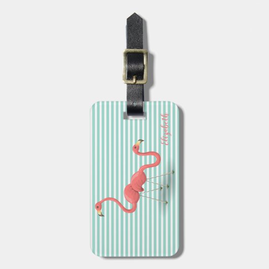 Niedliche Flamingos an schmalen, weißen Streifen Gepäckanhänger (Vorderseite vertikal)