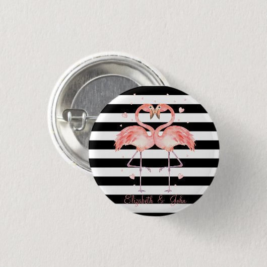 Niedliche Flamingos in Liebe, Schwarz-weiße Streif Button (Vorne & Hinten)