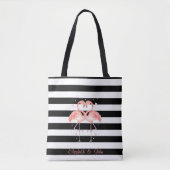 Niedliche Flamingos in Liebe, Schwarz-weiße Streif Tasche (Vorderseite)