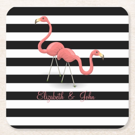 Niedliche Flamingos, Schwarz-weiße Streifen, Perso Rechteckiger Pappuntersetzer (Vorderseite)