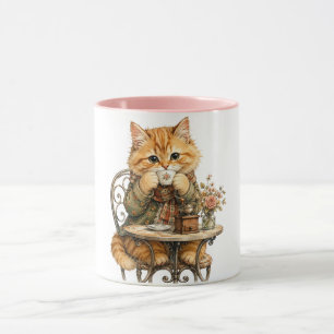 Niedliche flauschige Katze trinkt Kaffee Vintage-W Tasse